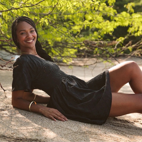 Albion Fit Smocked Dress Swimsuit Coverup Black Eyelet Size M - Picture 3 of 7